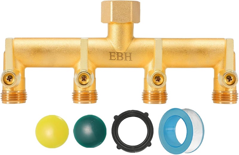 EBH Brass Garden Hose Splitter, 4-Way Heavy Duty Hose Splitter, Outdoor Faucet Manifold, with Extended Metal Handle and Individual On/Off Valve Spout, 3/4” GHT Threads - Image 1